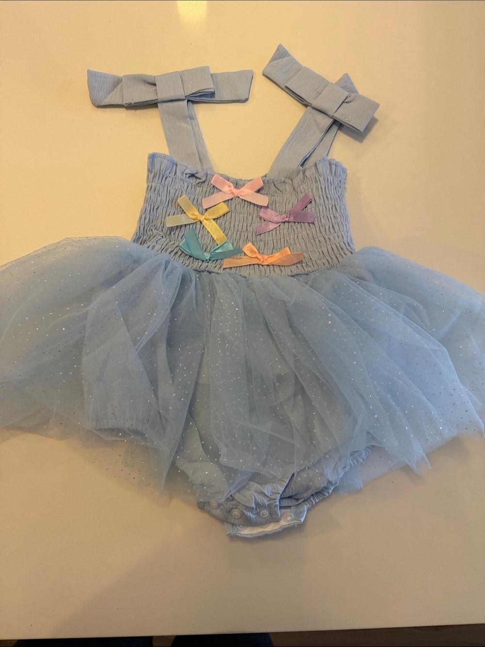 Blue Tulle Bow Baby Romper with Pastel Bows